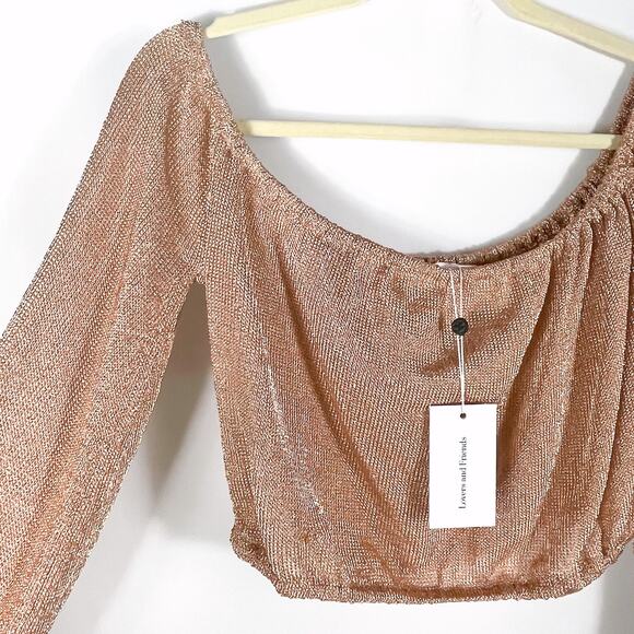 Lovers & Friends Nayelli Crop Top Gold Knit Off the Shoulder Long Sleeve Sz M - Picture 5 of 11